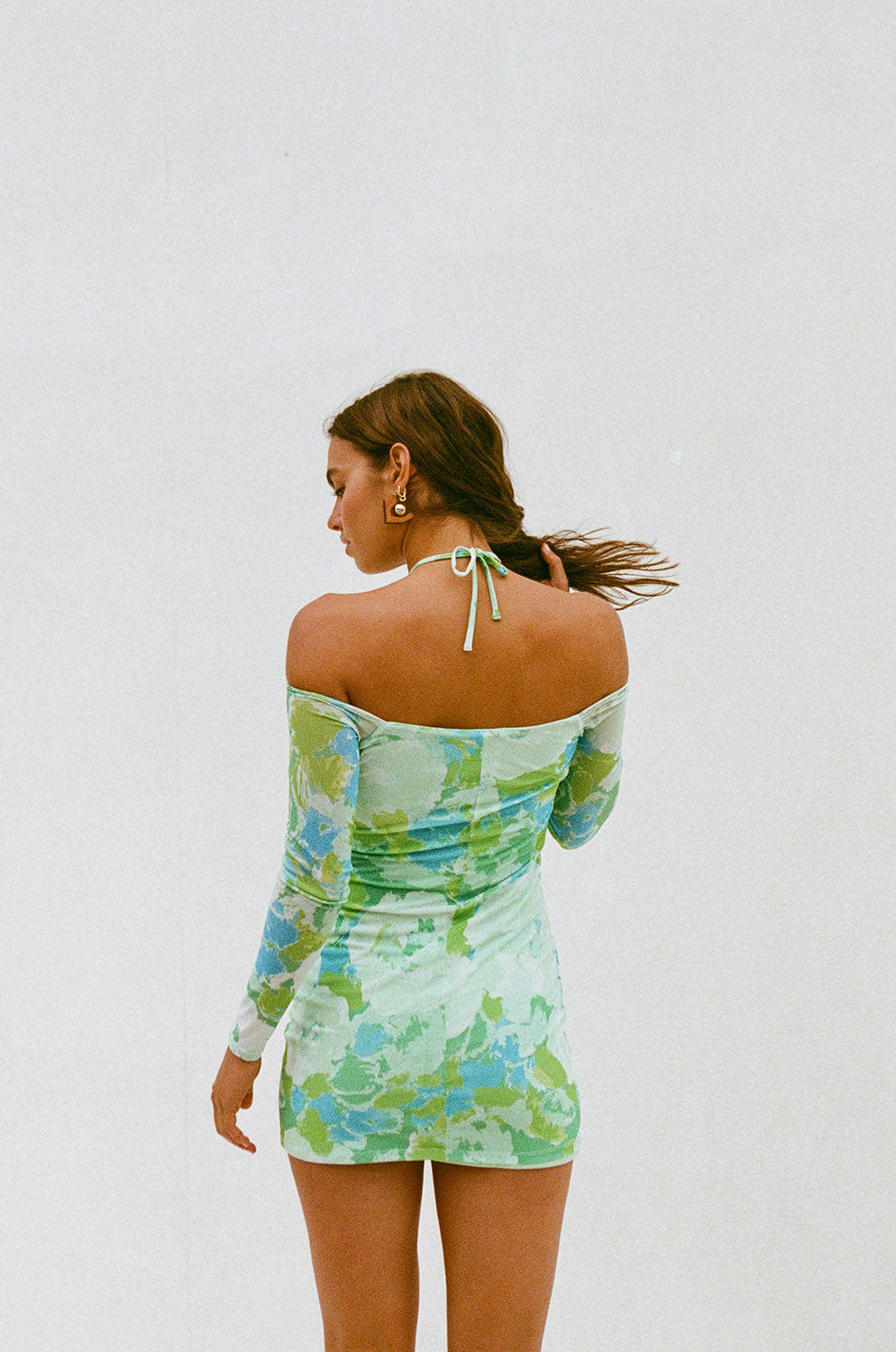 90s-Inspired Zaira Mesh Dress with Moss Water Lilies Print