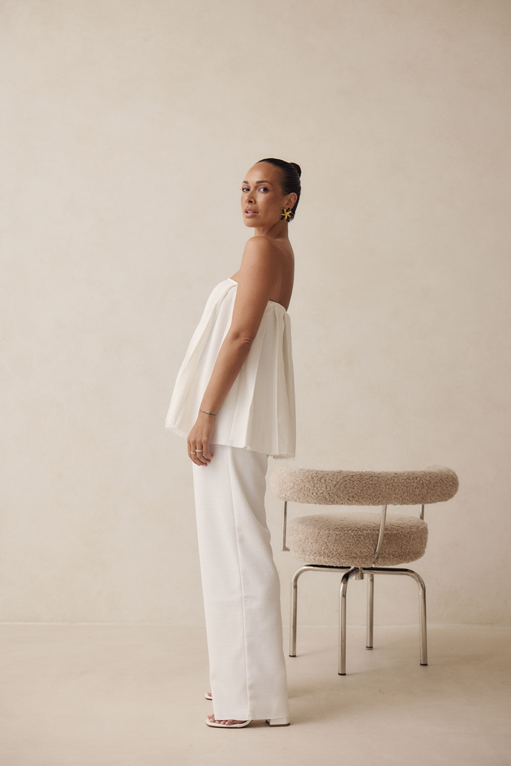 Stylish White Structured Kamila Pants with Elastic Waist and Drawstring