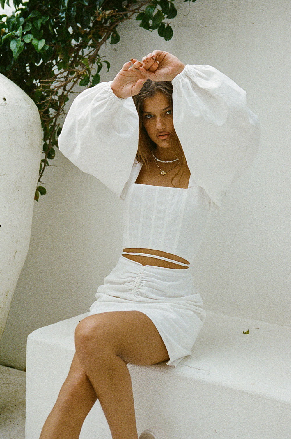 Women's Ilana White Cutout Linen-Cotton Blend Dress with Puff Sleeves and Corset Bust