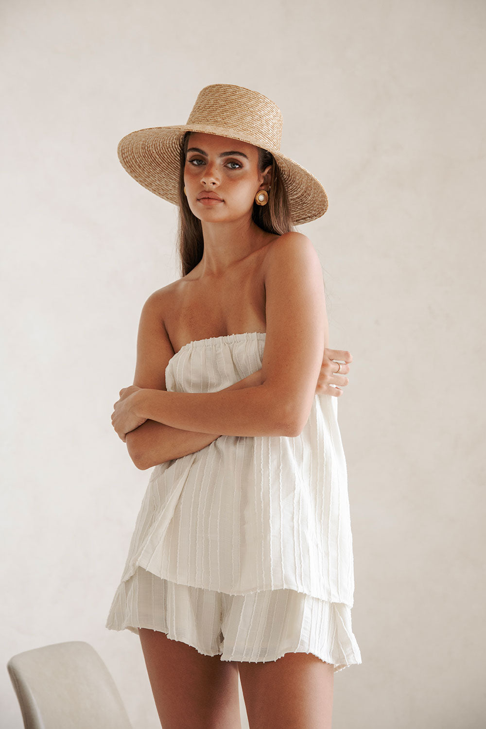 Exclusively Designed Cream Textured Vertical Stripes Strapless Sophie Playsuit