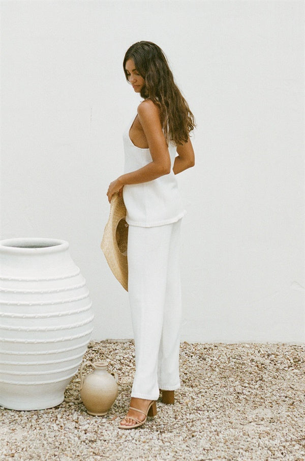 Light Cream Natural Knitted Cotton High Waisted Joss Knit Pants