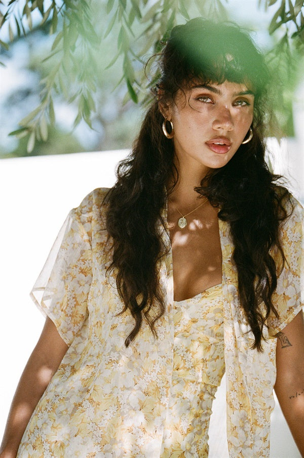 Fashionable Reece Sheer Floral Crepe Shirt Dress for Beach and Beyond