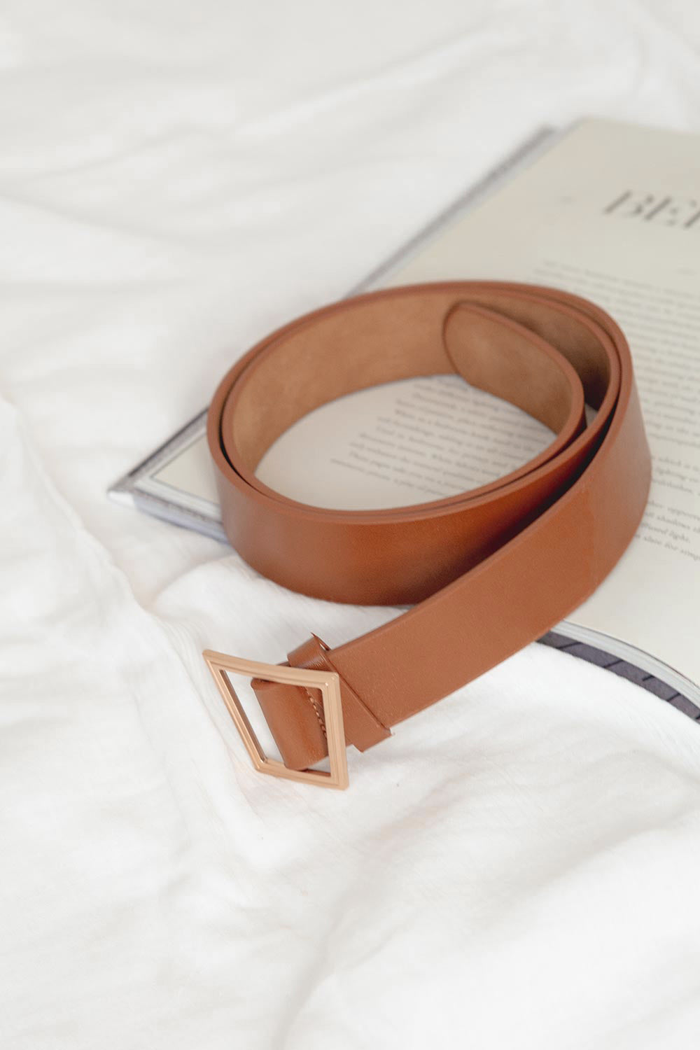 Tan Vegan Leather Geometric Belt with Asymmetric Gold - Toned Buckle