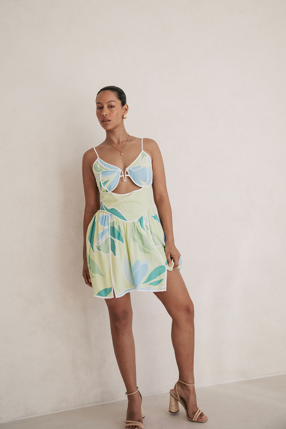 Elia Yellow Print High - Quality Backless Aryana Crepe Dress