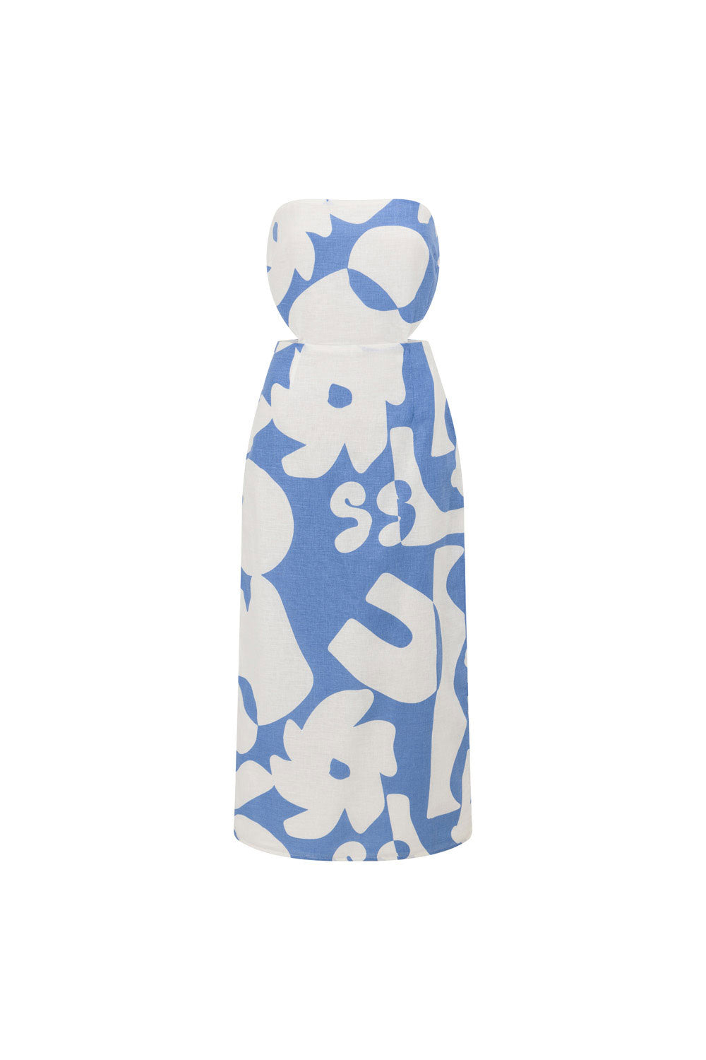 Exquisite Esmay Natural Linen Cotton Blend Strapless Midi Dress with Print