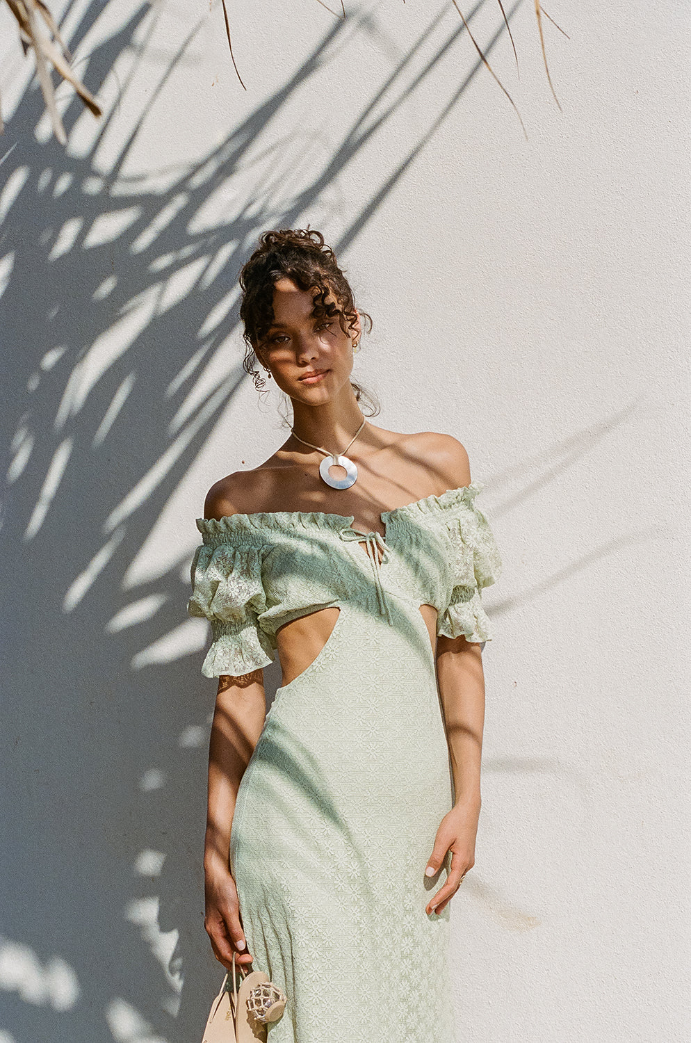 Mint Hue Soft Lace Off Shoulder Frill Detailing Midi Amelda Dress