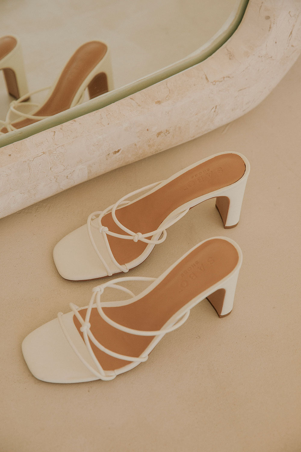 Exclusively Designed White Vegan Leather Rosaria Heels with Knot Detailing