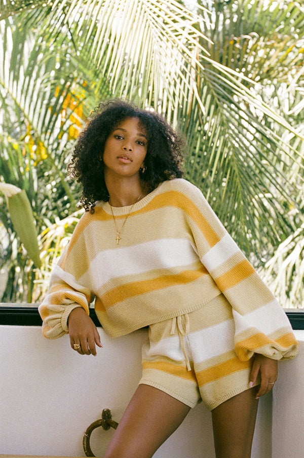 Cosy Dusty Stripe Rufio Cotton Knit Top with Puff Sleeves