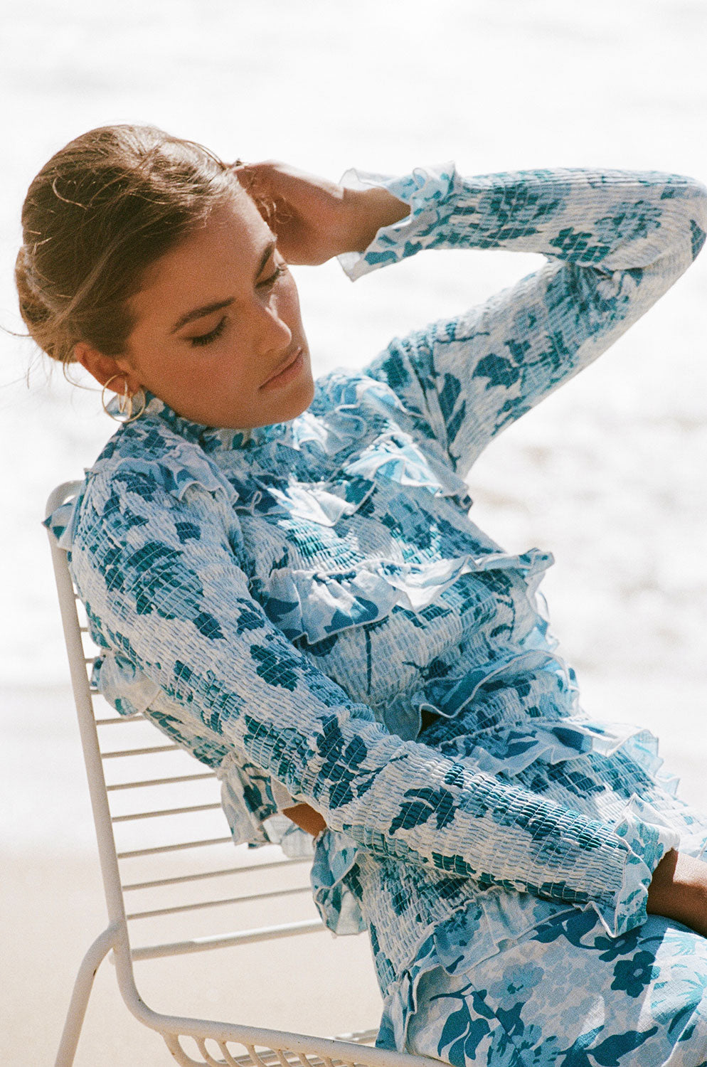 Elegant Rozalia Frilled Women's Dress with Azure Flora Print