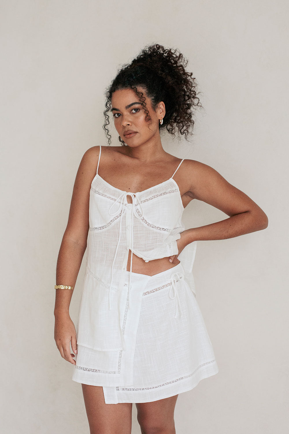Alessia Women's White Natural Cotton Cheesecloth High-Waisted Wrap Skirt with Lace Trim