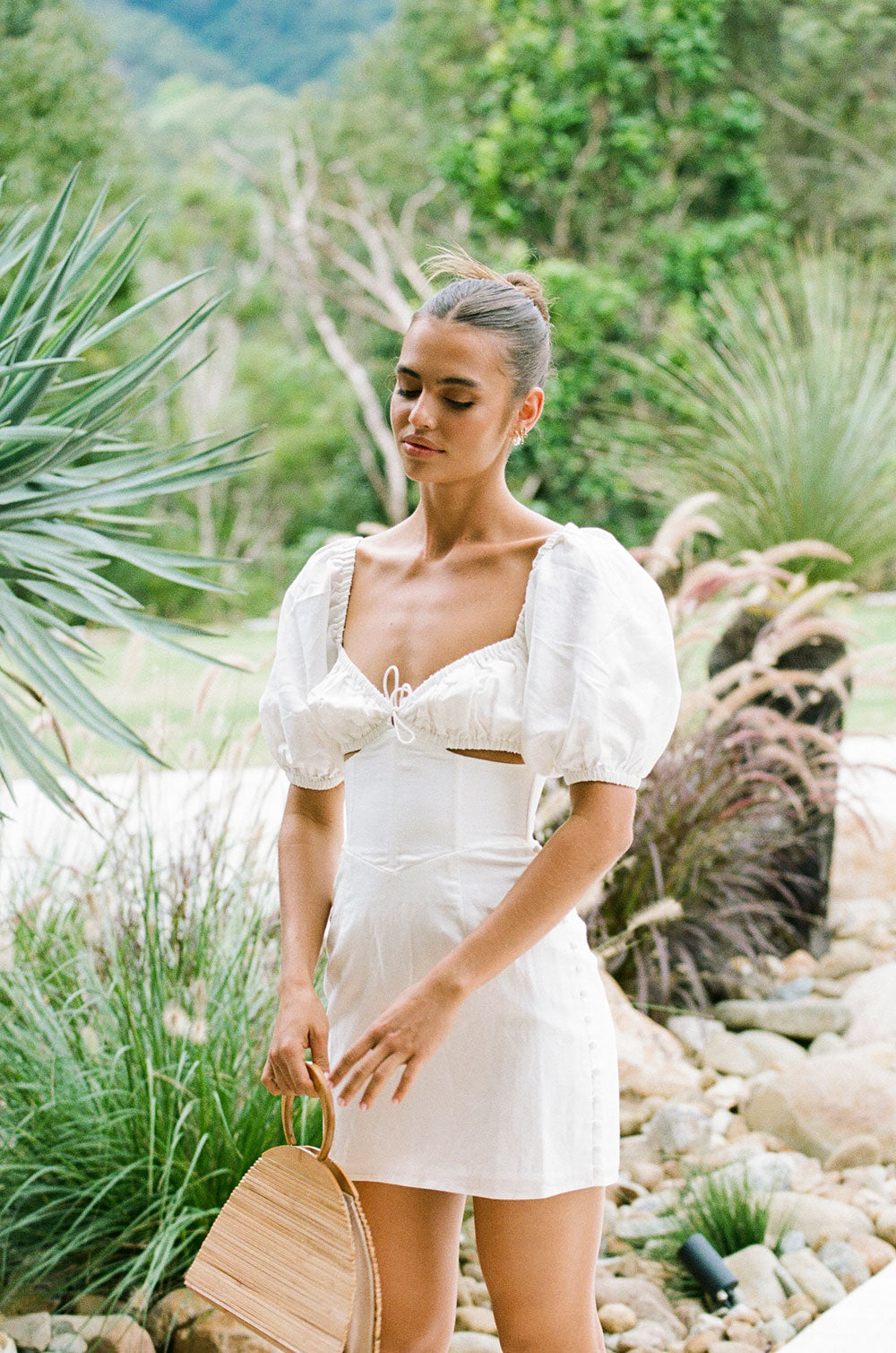 Charming Off - white Structured Linen Blend Tatiana Dress for Date Night