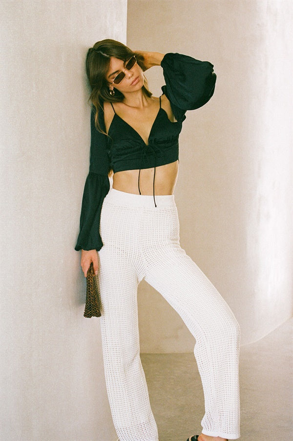 Exquisite Black Matte Silky Tai Top with Puff Sleeves