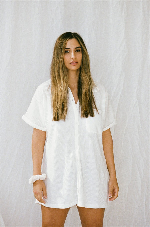 Comfortable Waffle Textured Shirt Style Dress for Relaxed Wear