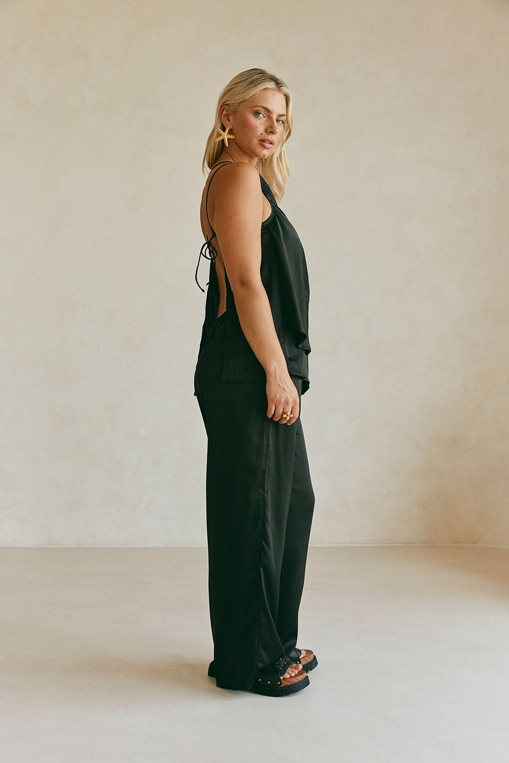 Elegant Adeline Women's Black Matte Silk Pants with Drawstring Waist
