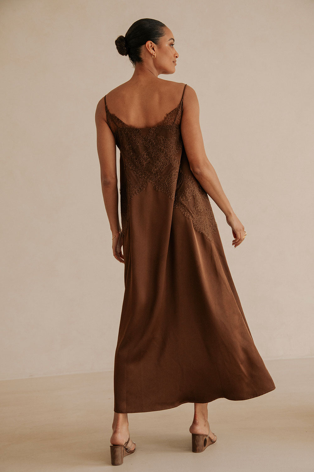 Exquisite Chocolate Brown Strapless Lace-Overlay A-Line Maxi Aelin Dress