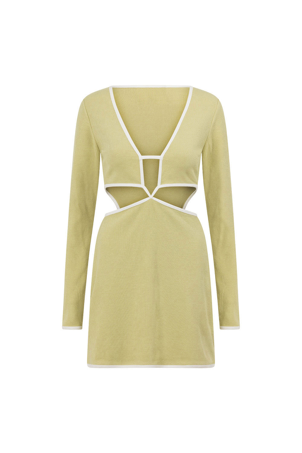 Dusty Green Ribbed Retro-Inspired Gigi Dress with White Bindings