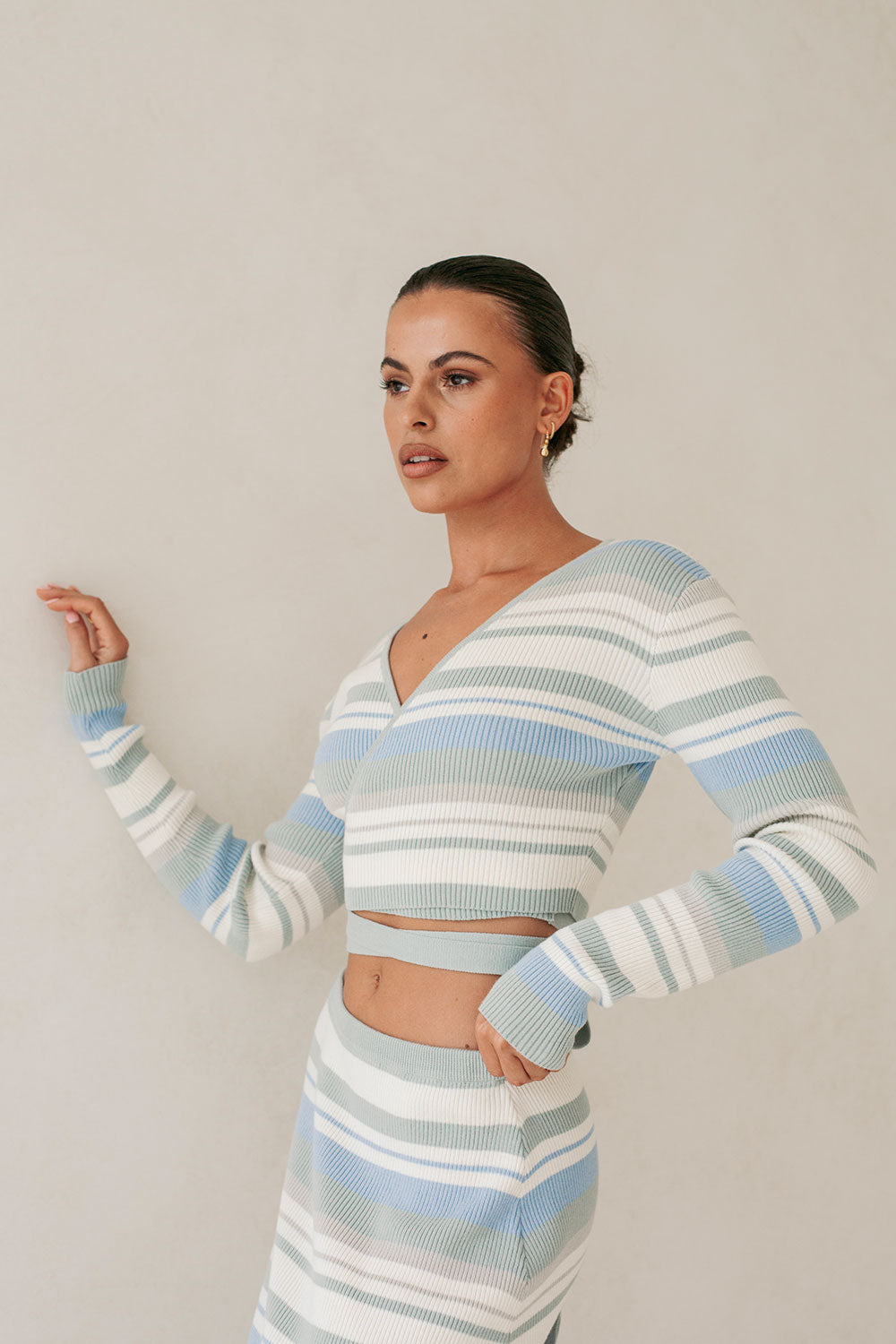 Exclusive Sabo Kaila Wrap Top in Blue, Dusty Sage and White Stripes