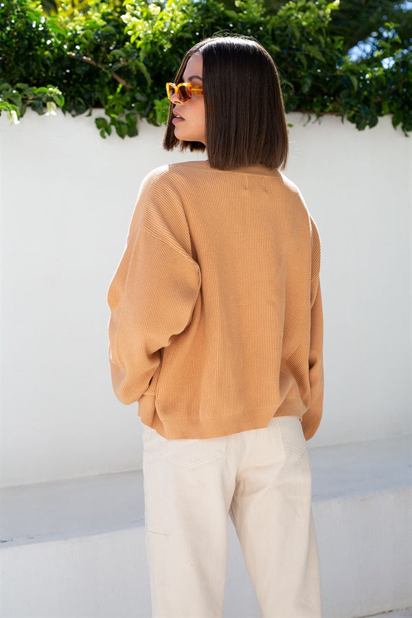 Evalia Cardigan - Tan with Full - Length Puff Sleeves