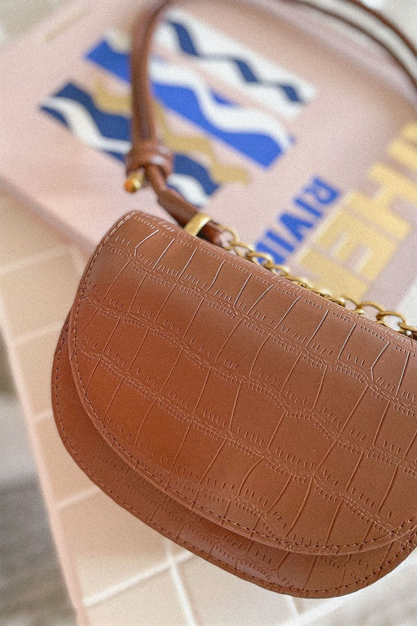 Stylish Dark Mocha Vegan Croc Skin Lima Saddle Bag with Knot Detailing