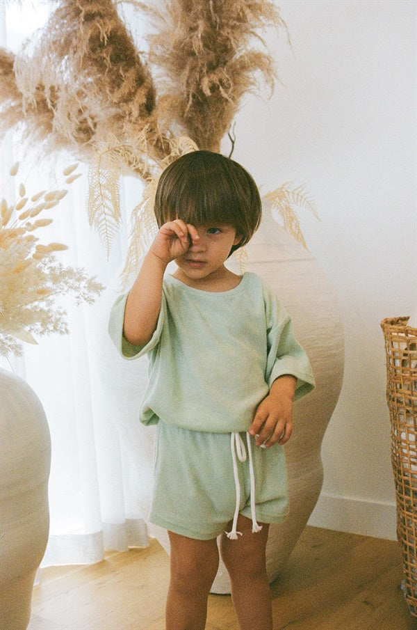 Light Green Towelling Scout Shorts with Elastic Waist and Drawstring