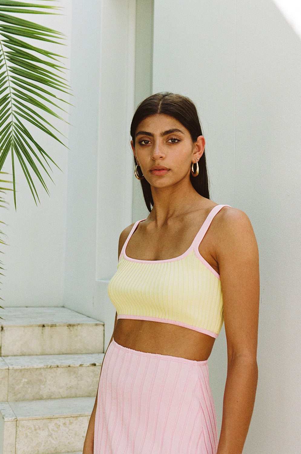 Jordi Women's Cropped Ribbed Yellow Top with Pink Bind Trims and Adjustable Straps