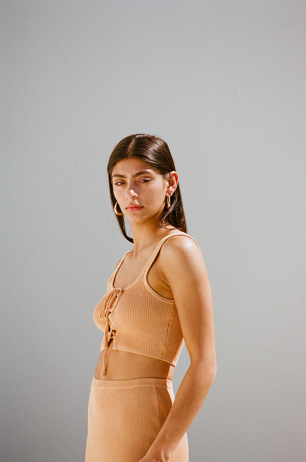 Exclusive Sabo Designed Leander Toffee-colored Ribbed Knit Crop Top
