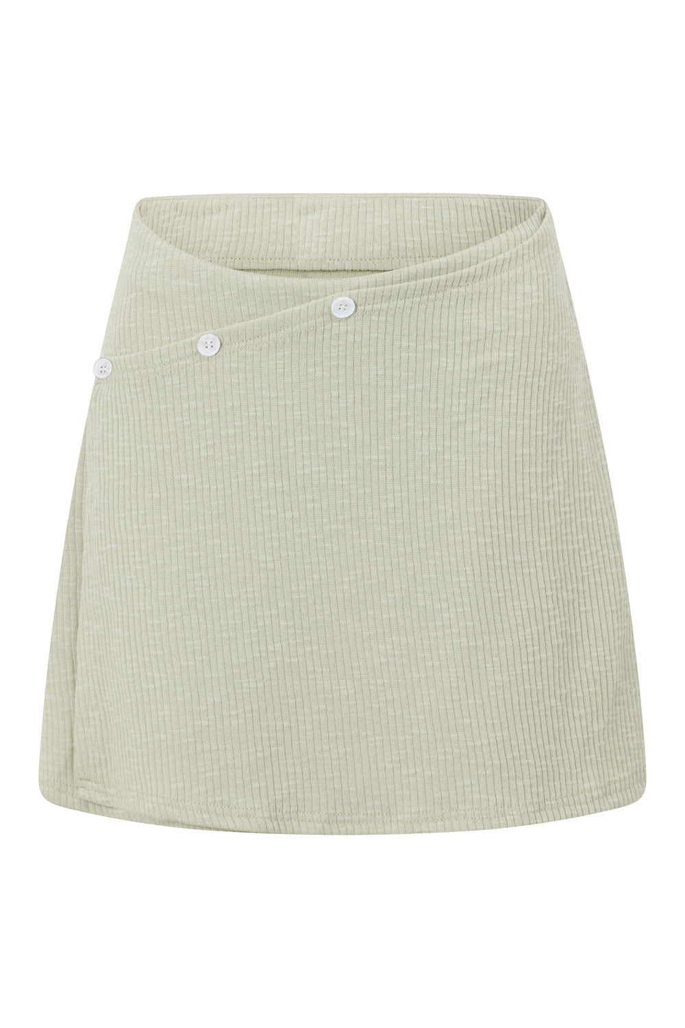 Soft Sage Ribbed High-Waisted Wrap-Front Button Mini Anya Skirt