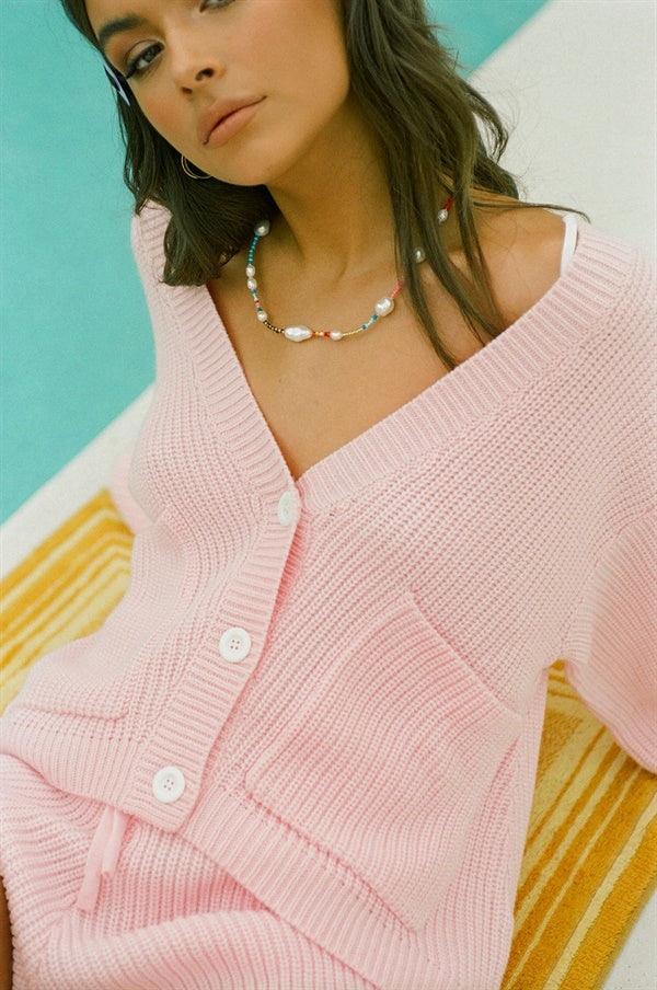 Ellis Pink Cosy Knitted Ribbed Cardigan for Versatile Wear