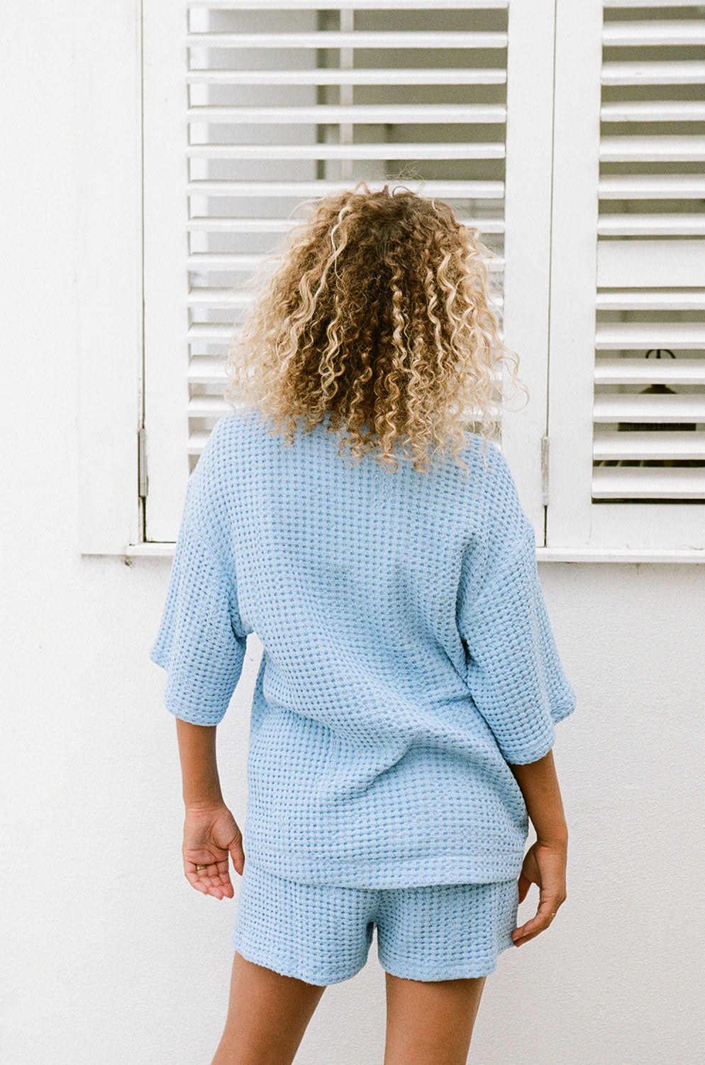 Swoonworthy Blue Textured Natural Cotton Waffle Kara Top