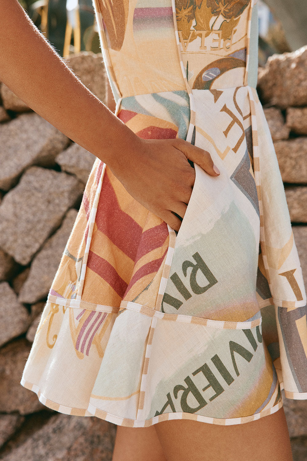 Genova Linen Dress with Exclusive Fiorire Acqua Print and Gold Hardware