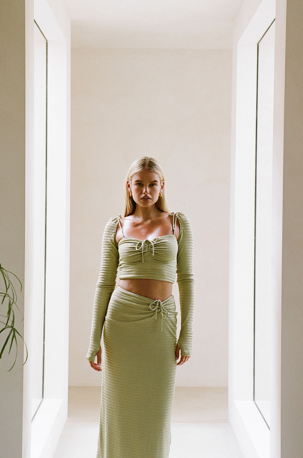 Creamy Khaki Textured Stretch Tanami Cropped Top with Unique Details