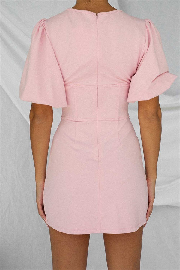 Soft Pink Natural Cotton Blend Emme Corset Dress with Short Puff Sleeves