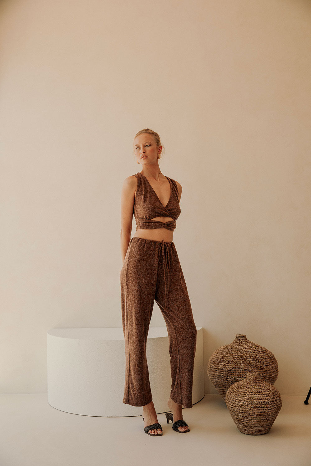Chocolate Brown Soft Woven High Waisted Sierra Pants with Drawstring