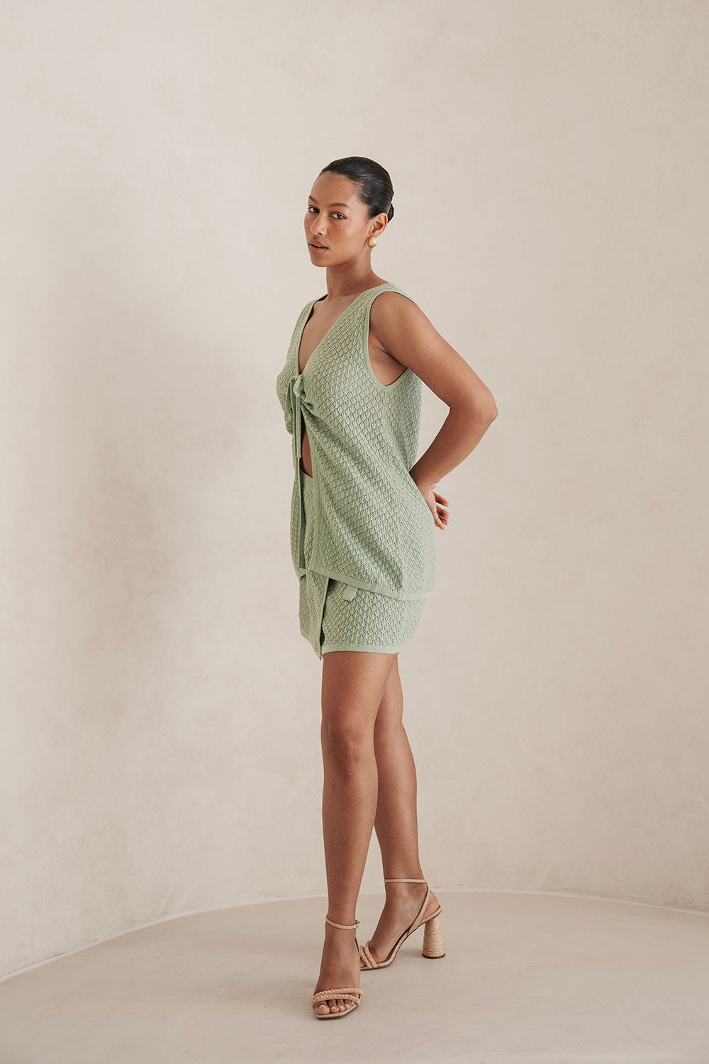 Stylish Sage Cotton Blend Pointelle Knit Allona Women's Top
