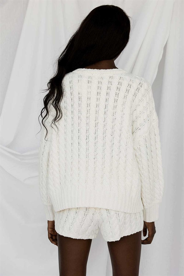Vintage-Inspired Cream Meli Cotton Blend Knit Sweater for a Relaxed Look