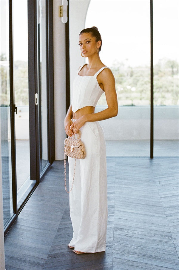 Elegant Off - White Linen Blend Kiera Corset Top for Women