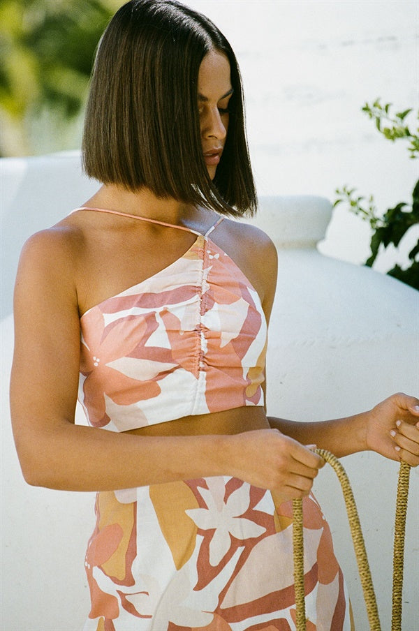 Stylish Vintage-Inspired Blush Print Linen-Cotton Blend Seventies Cropped Top