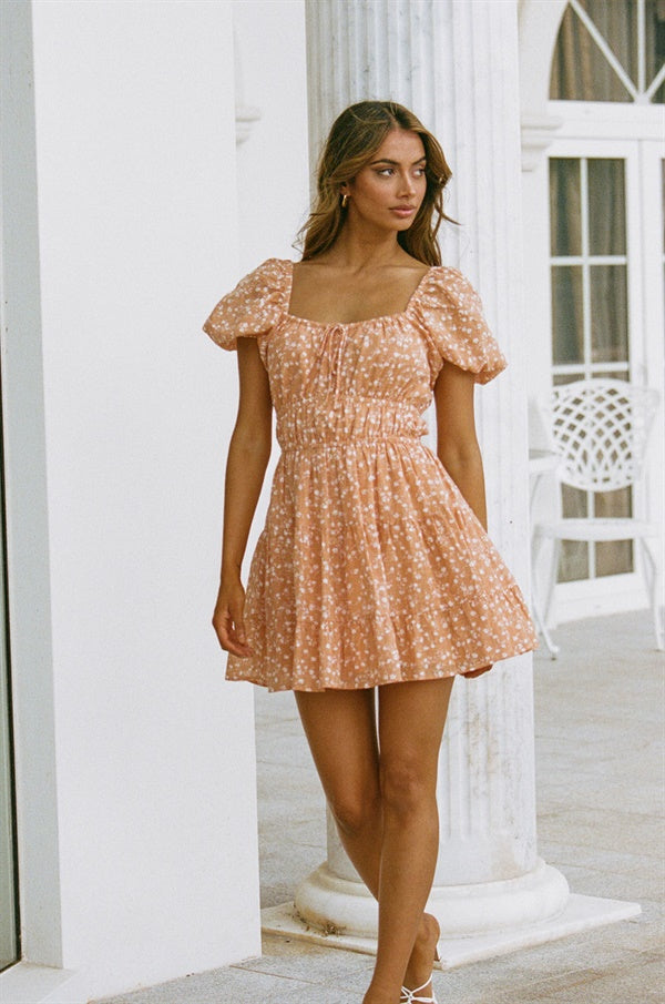 Orange Natural Raw Cotton Talina Dress with Short Puff Sleeves