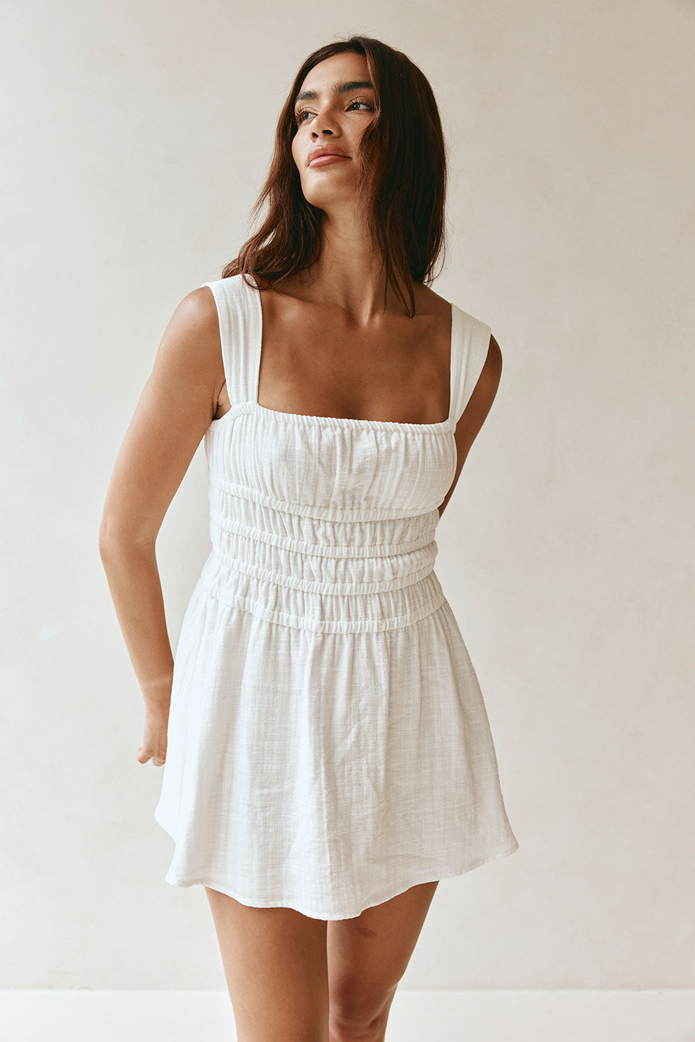 Exclusively Designed White Natural Cotton Slub Bessi Mini Dress