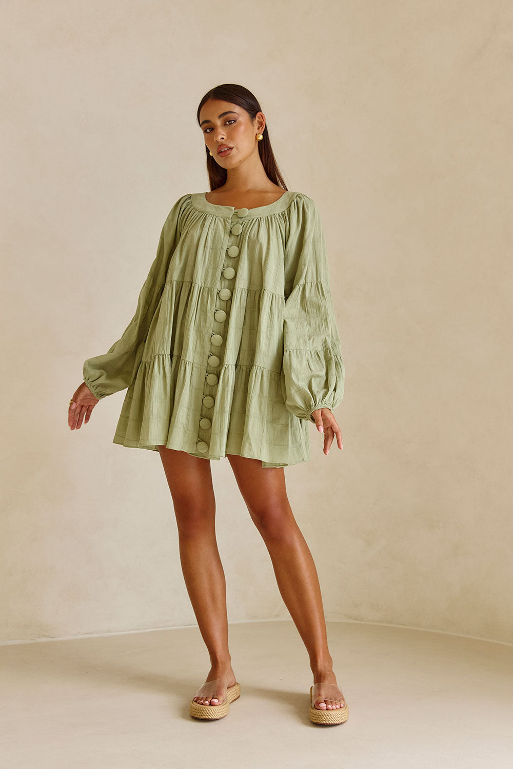 Soft Green Natural Cotton Self Check Stylish Mini East Dress