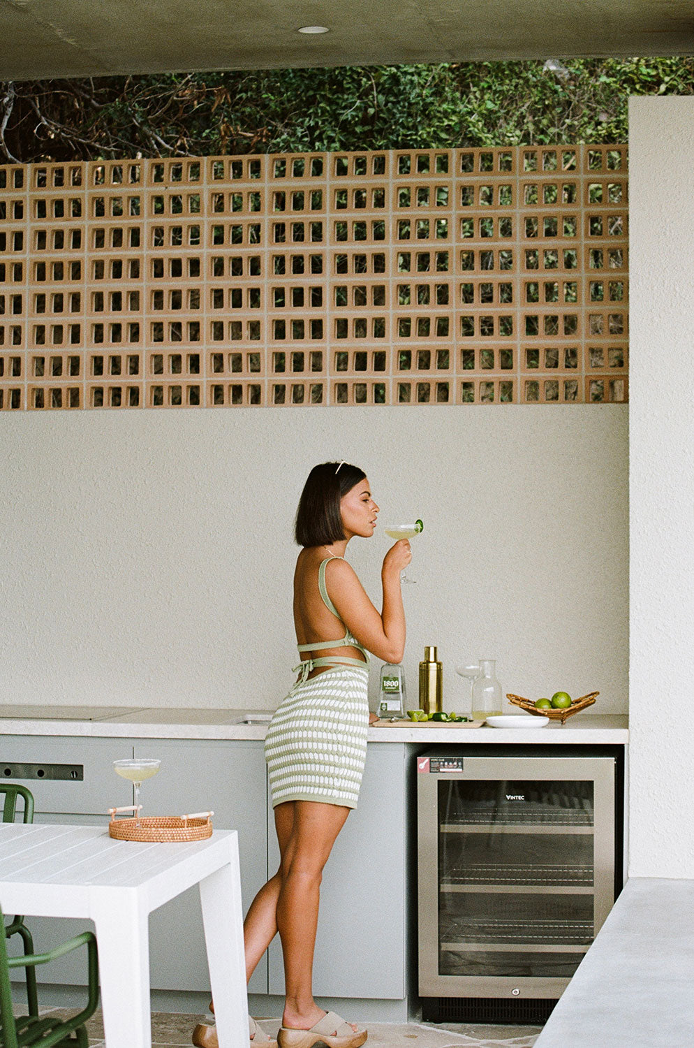 Vintage-Inspired Khaki and White Striped Backless Camelia Mini Dress