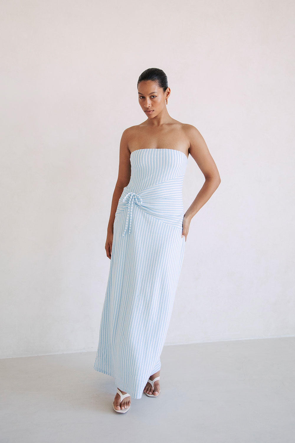 Exclusively Designed Daniella Baby Blue and White Striped Knitted Strapless Dress