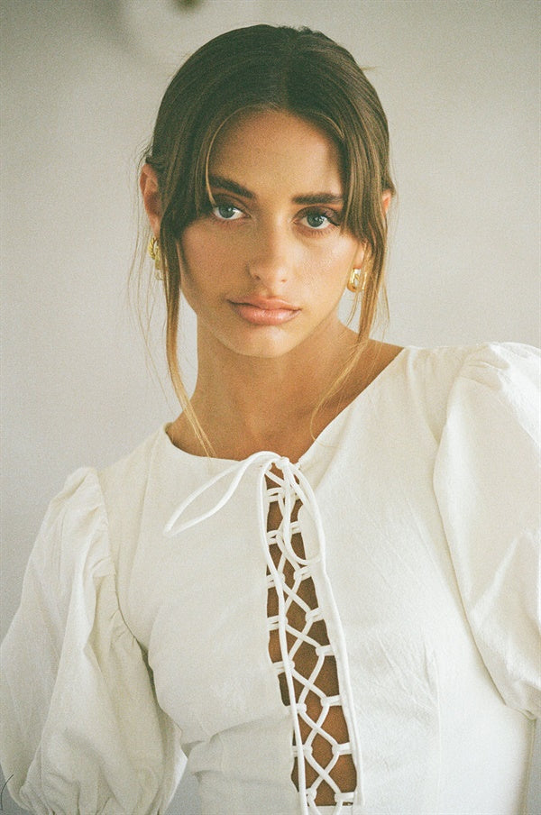 Elegant White Alma Dress with Lace - Up and Puff Sleeves