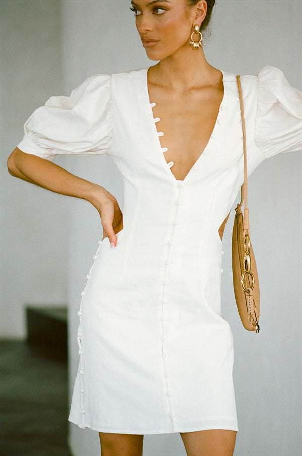 Exquisite Off-White Natural Cotton Louel Button Dress Inspired by Paris