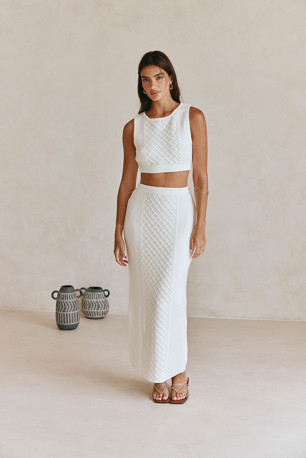 Off-White Soft Cable Knit Lotus Crop Top