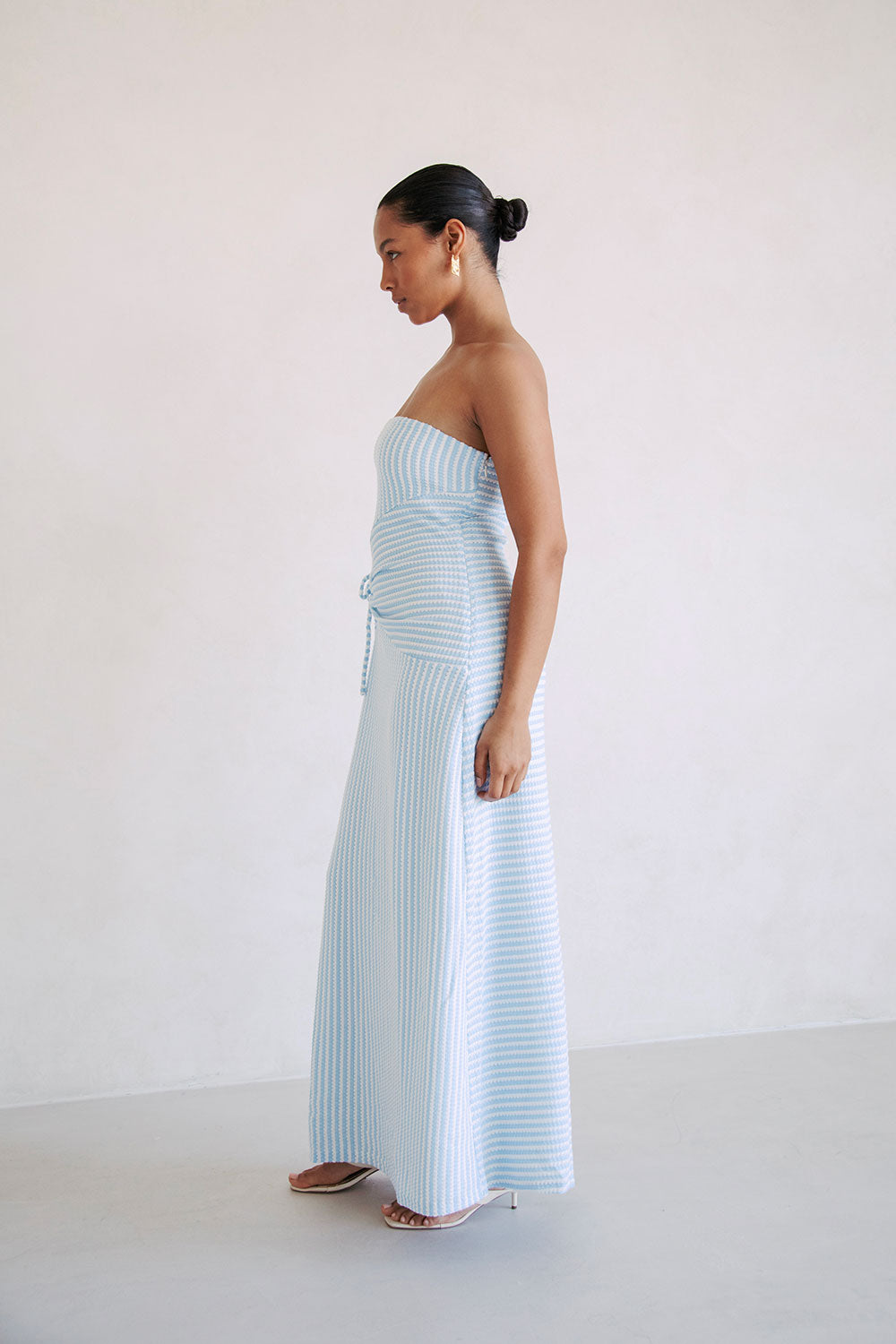 Exclusively Designed Daniella Baby Blue and White Striped Knitted Strapless Dress