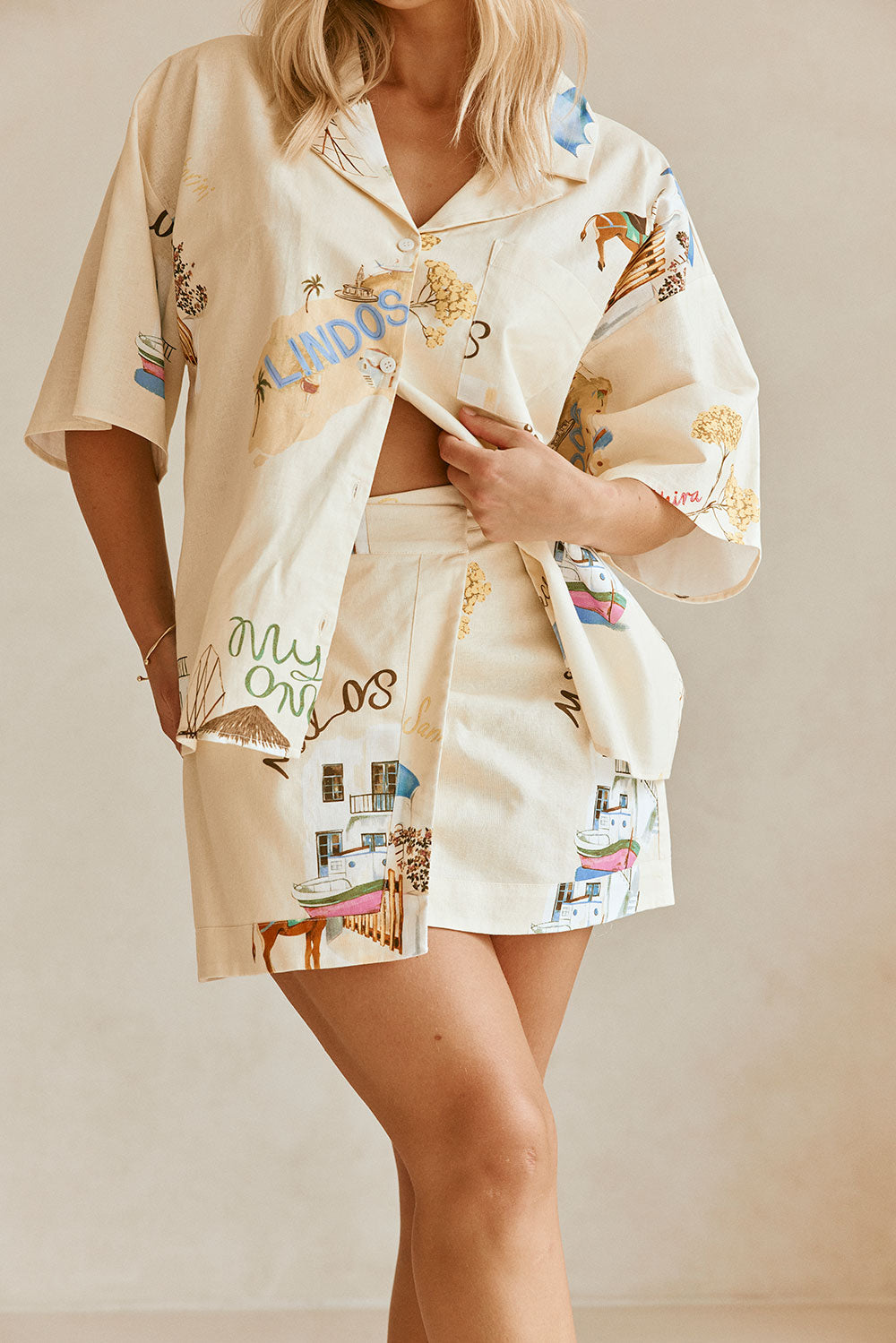 High - Quality Linen Cotton Kea Skirt with Isles Of Greece Print