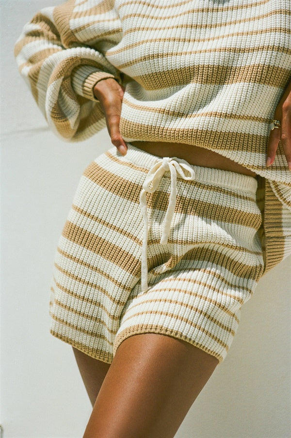 Cozy Cream Ribbed Mirai Knit Shorts with Tan Stripes