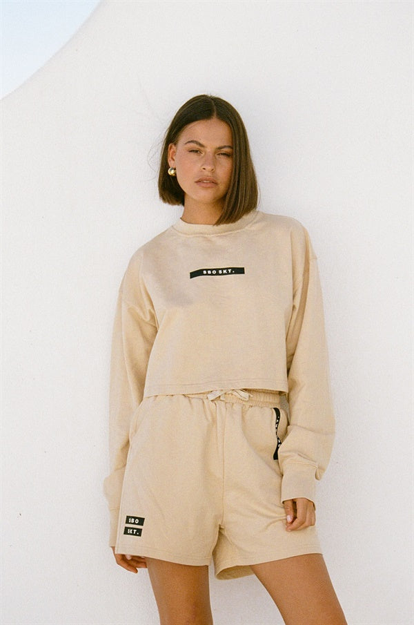 Tan Cropped Natural Cotton Terryback Barros Sweater with Black Detailing