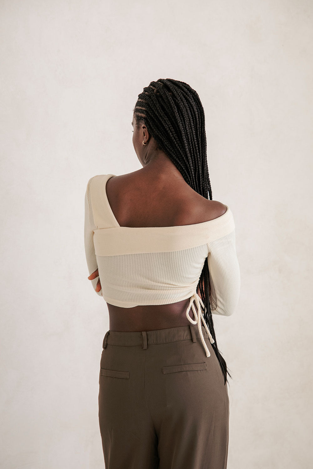 Soft Ribbed Knit Chelsie Top with Asymmetric Off - Shoulder Design